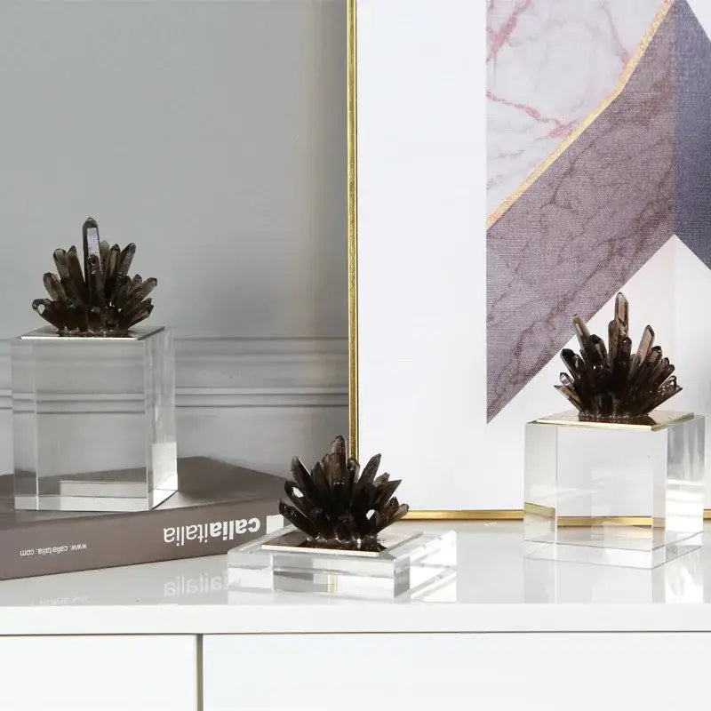 Dark smoky quartz stone crystal sculpture in clear acrylic bases with gold trim for decorbites agate stone living room use