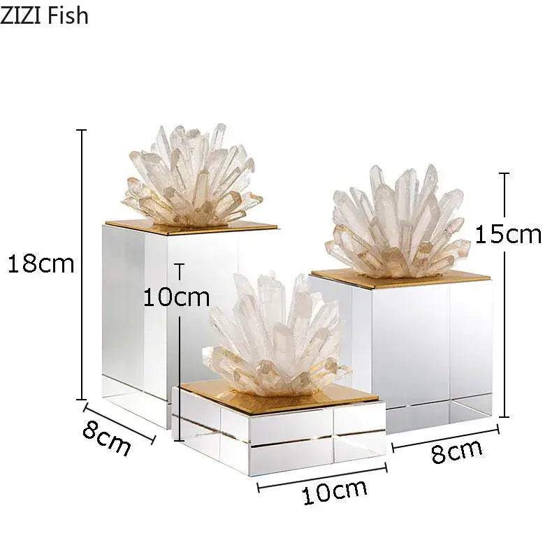 Set of three zizi fish agate stone crystal sculptures with white quartz clusters on gold mirrored bases for decorbites decorbites agate stone