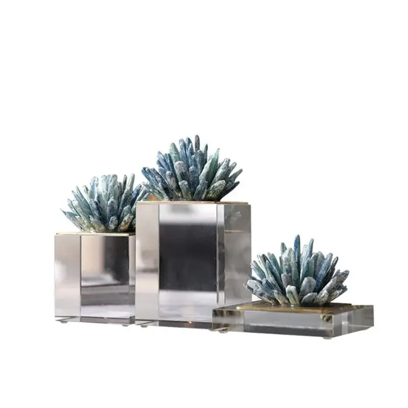 Set of three modern mirrored cube planters with frosted blue green succulents for decorbites agate stone crystal sculpture
