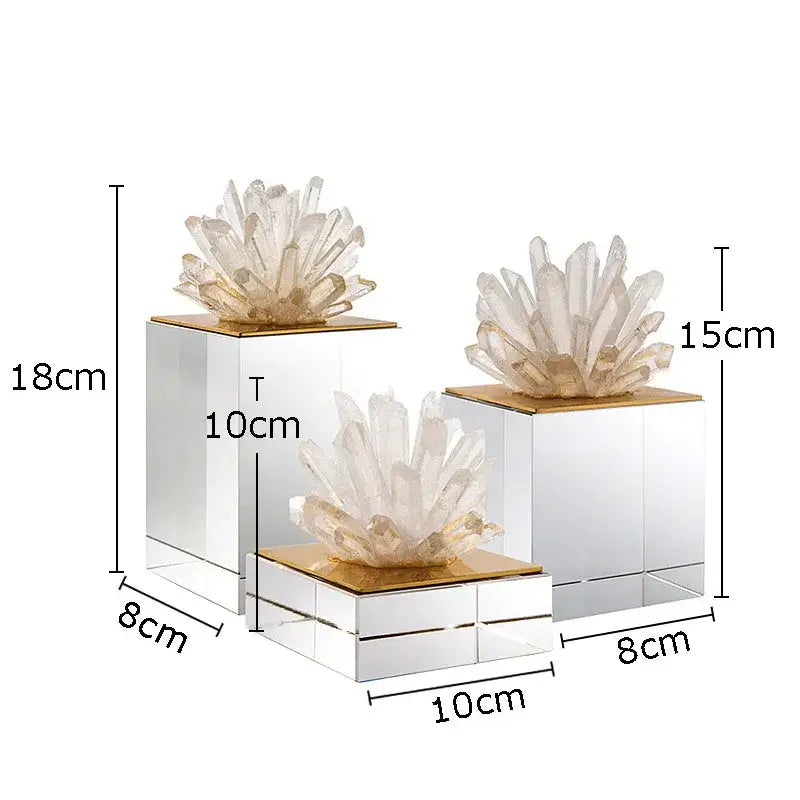 Set of three mirrored cube bases with gold tops and translucent quartz clusters blue agate stone crystal sculpture decorbites agate stone