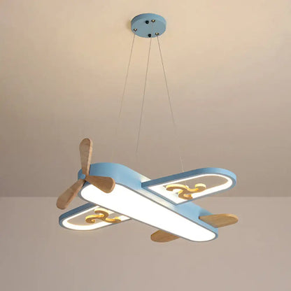 Blue airplane led chandelier bedroom light with wooden propeller and gold swirls featuring remote control stepless dimming