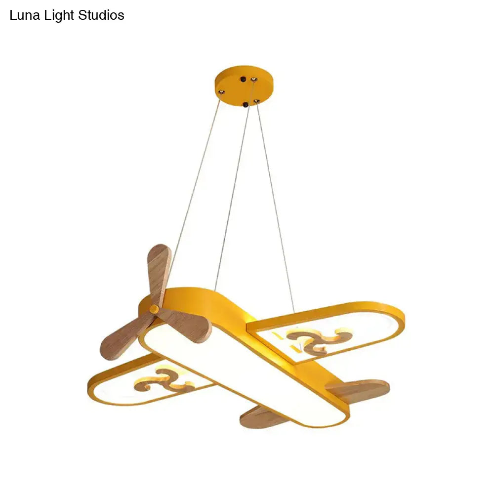 Yellow airplane-shaped pendant light with wooden propeller featuring remote control stepless dimming perfect addition
