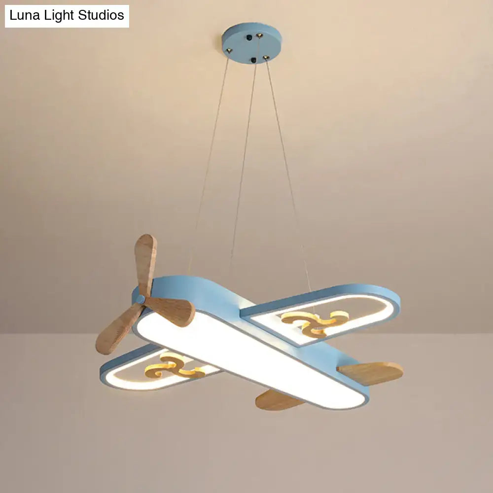 Blue airplane led chandelier bedroom light with wooden propeller gold cloud decals and remote control stepless dimming perfect addition