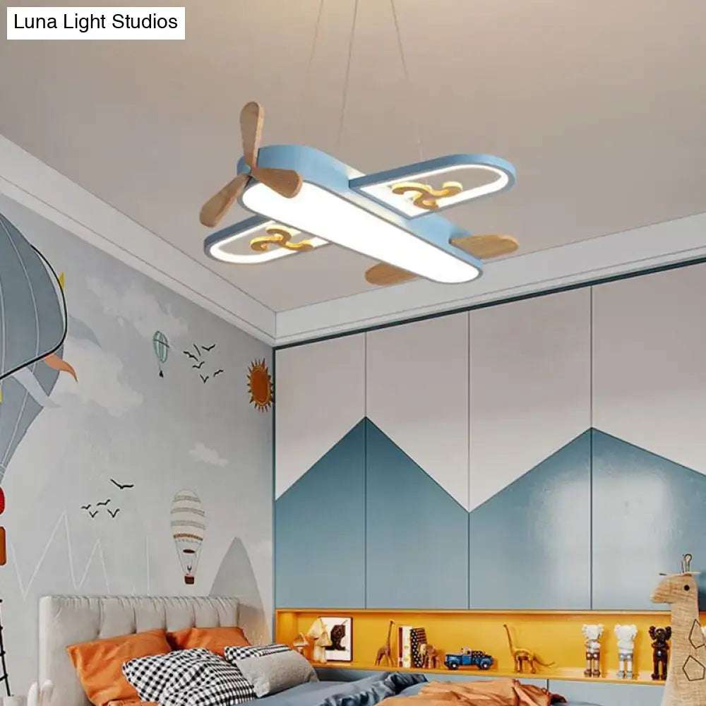 Blue and gold airplane led chandelier with wooden propellers for bedroom featuring remote control stepless dimming perfect addition