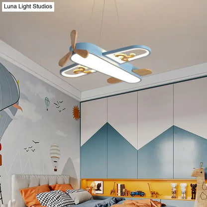 Blue and gold airplane led chandelier with wooden propellers for bedroom featuring remote control stepless dimming perfect addition