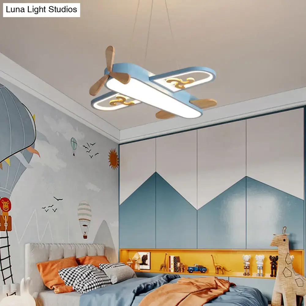 Blue airplane led chandelier bedroom light with wooden propellers and remote control stepless dimming perfect addition