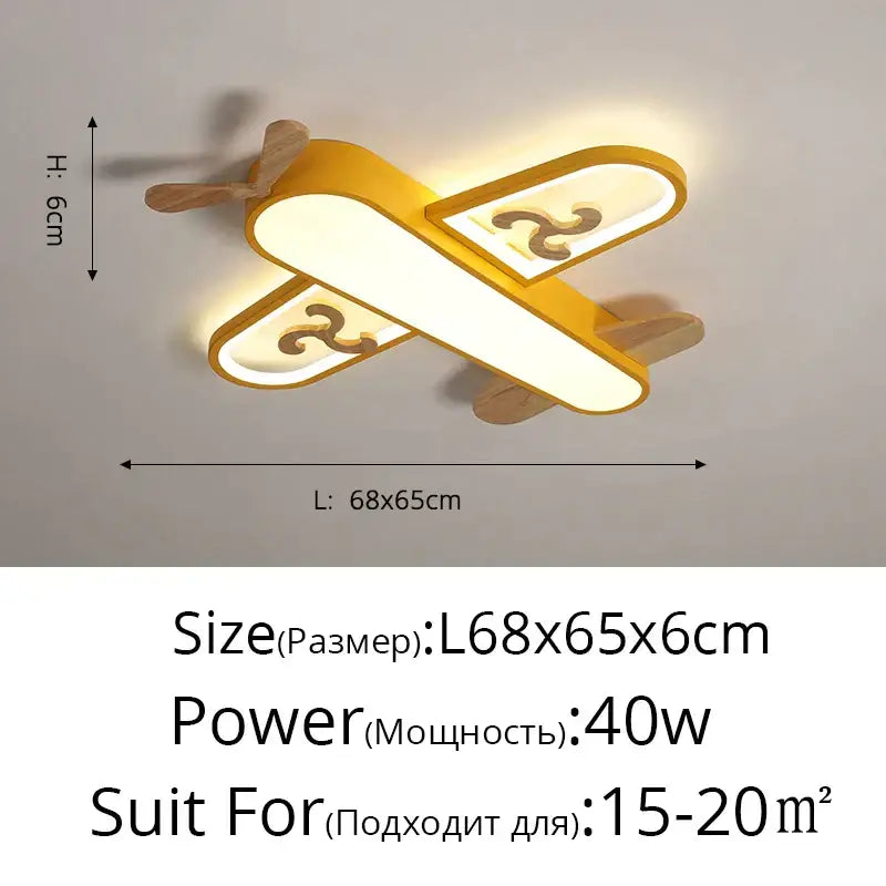 Yellow airplane-shaped ceiling light with wooden propeller and wings featuring illuminated decorbites led wood ceiling panels