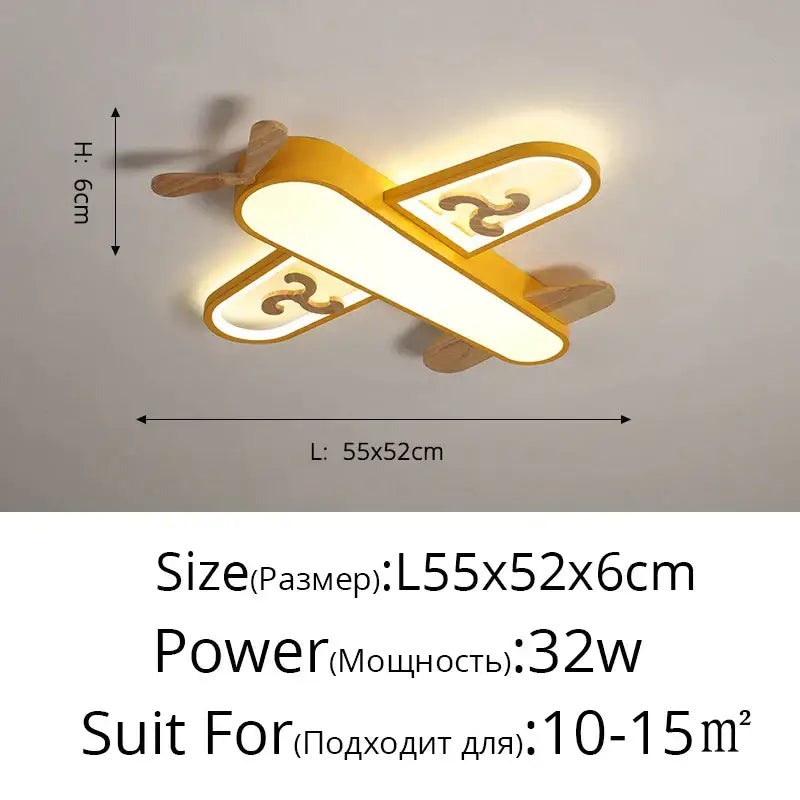 Yellow airplane-shaped ceiling light with wooden propeller and wings featuring decorbites led wood ceiling panels