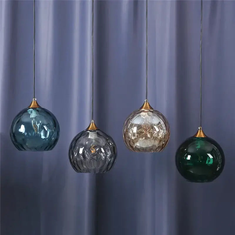 Blue and amber textured glass ball pendant led chandelier with decorbites glass ball in blue gray amber and green hues