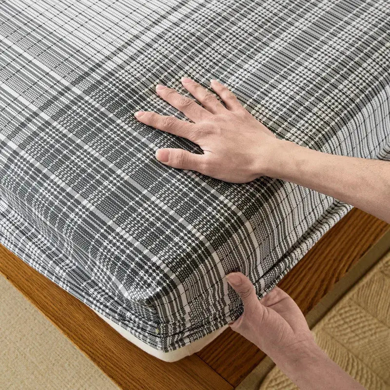 Black and white plaid coarse cotton queen fitted sheet with woven texture from decorbites for bedroom use