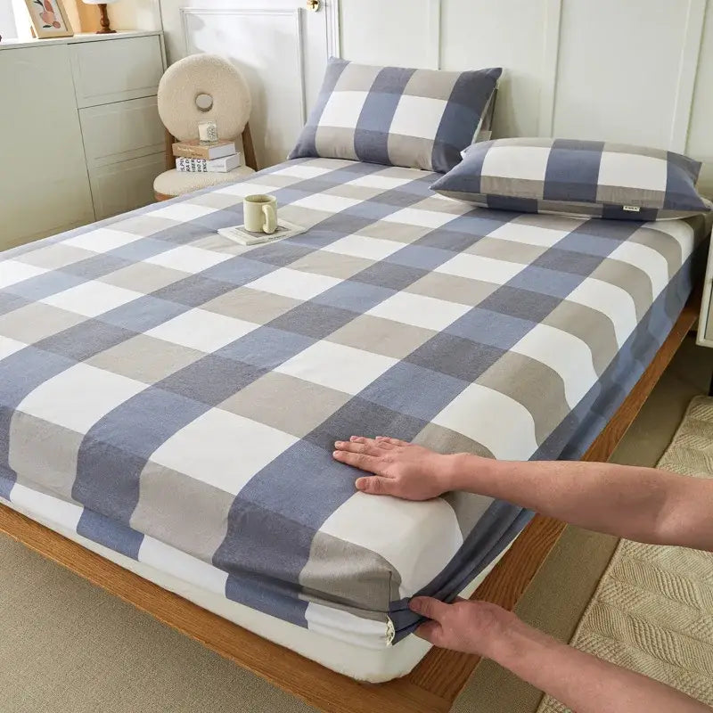 Blue and beige checkered decorbites coarse cotton queen fitted sheet with soft stretchy fabric finish for bedroom decor