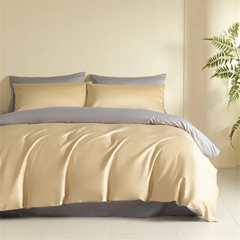 Beige and gray satin egyptian cotton bedding set with smooth glossy finish for bedroom cotton bedding set