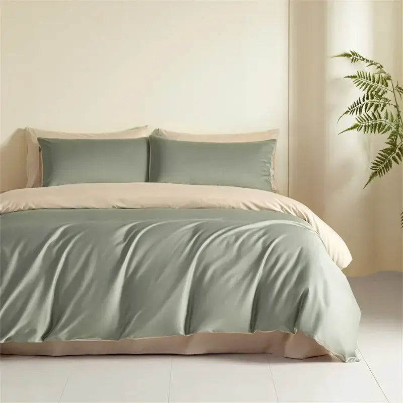 Blue and beige egyptian cotton bedding set featuring a soft sage green satin duvet cover with cream sheets and pillowcases