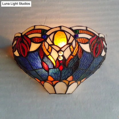 Aplique de pared estilo Tiffany en azul y marrón - Aplique de cristal artístico de 1 luz para sala de estar