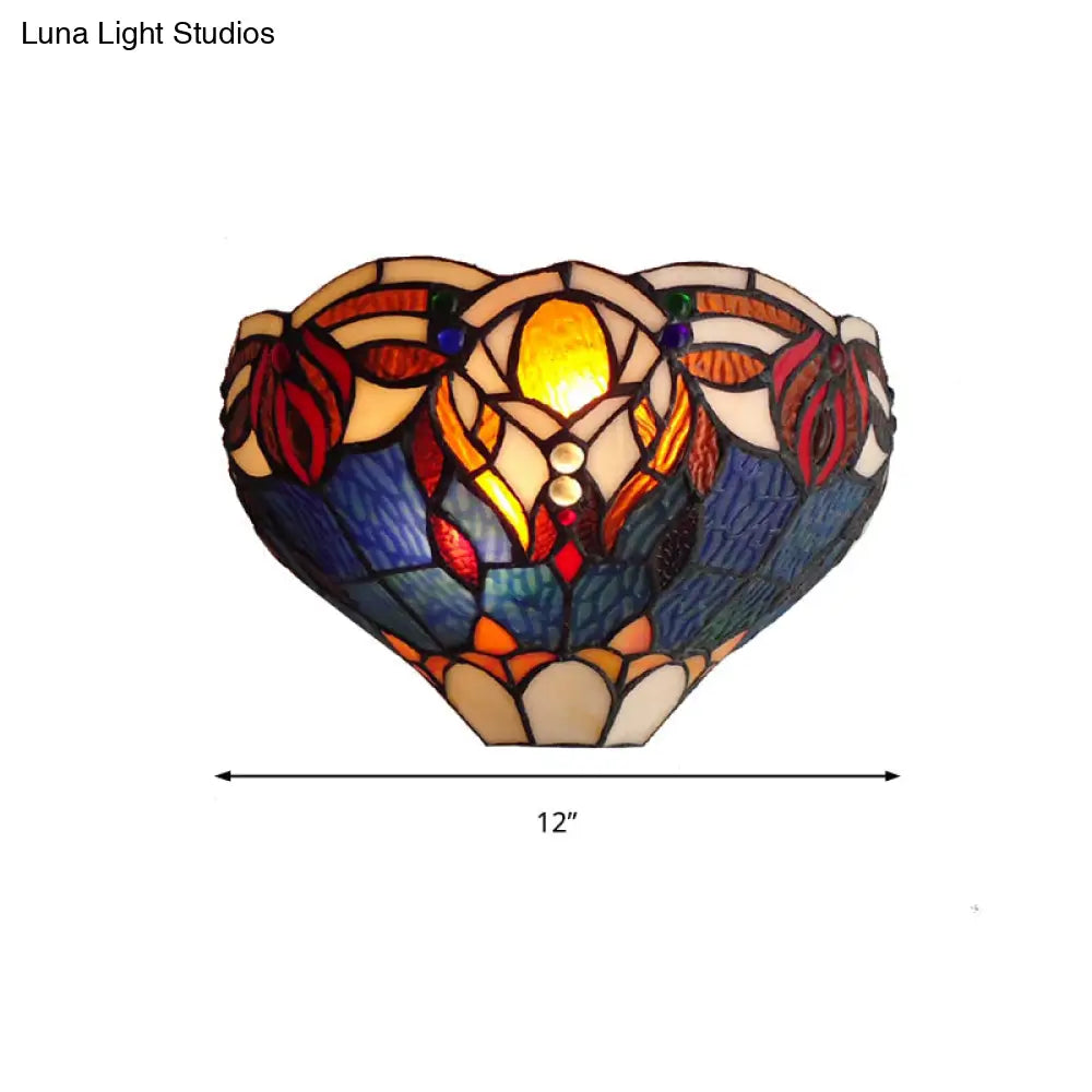 Aplique de pared estilo Tiffany en azul y marrón - Aplique de cristal artístico de 1 luz para sala de estar