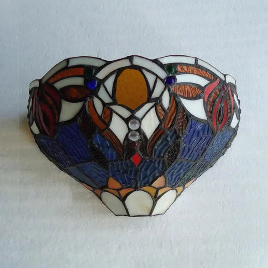 Blue and Brown Bowl Tiffany Style Wall Lamp - 1 Light Art Glass Sconce for Living Room