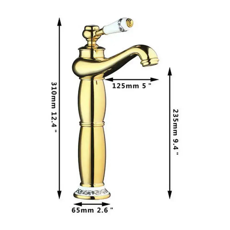 Gold-finished bathroom faucet with curved spout and white ceramic handle in blue and copper hand painted ceramic vessel sink set