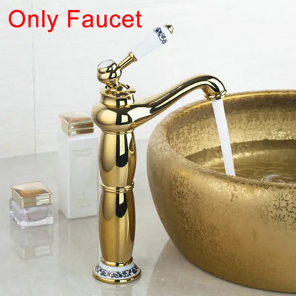 Gold-finished bathroom faucet with white hand painted ceramic handle featuring blue floral detailing for vessel sink set