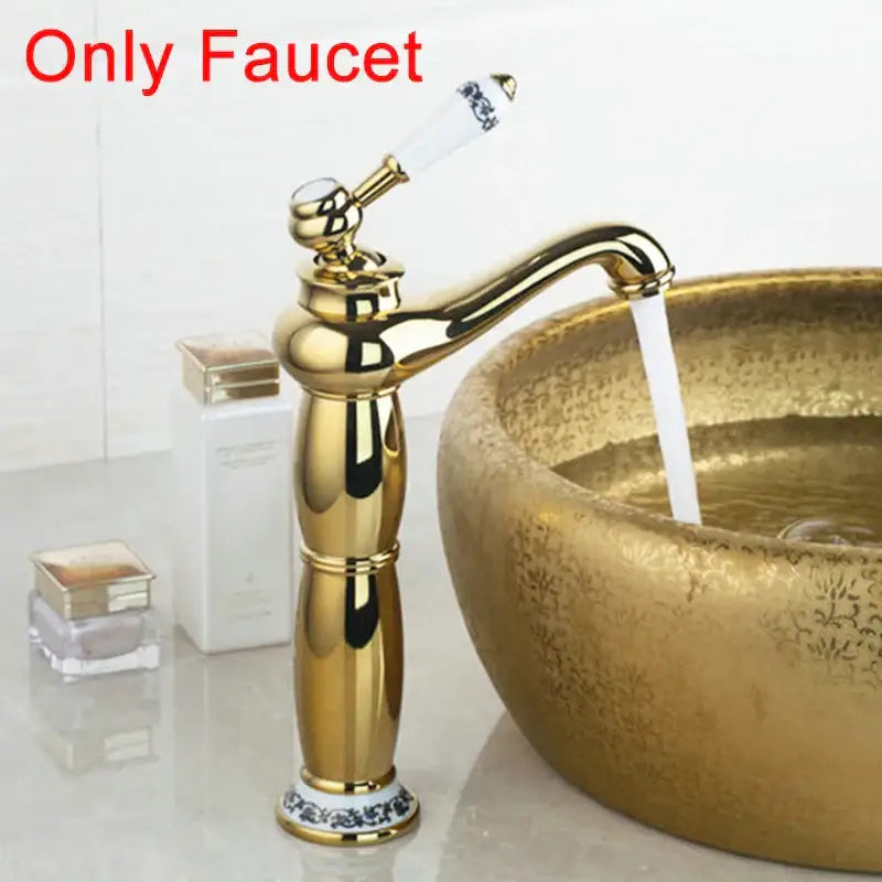 Gold-finished bathroom faucet with white hand painted ceramic handle featuring blue floral detailing for vessel sink set