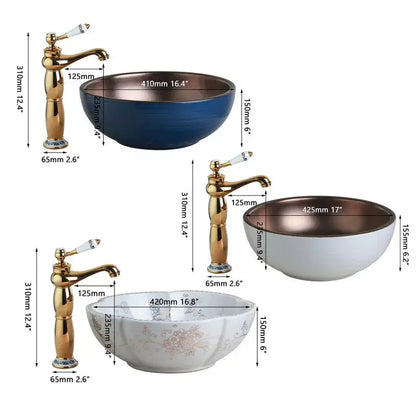 Set of three hand painted ceramic vessel sinks in blue white and copper with gold finished bathroom faucets sink set