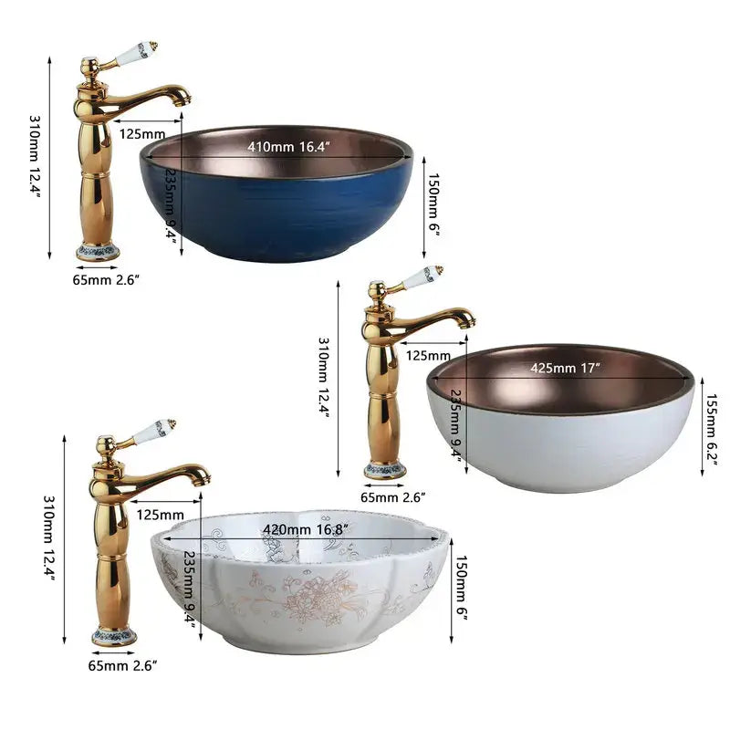 Set of three hand painted ceramic vessel sinks in blue white and copper with gold finished bathroom faucets sink set