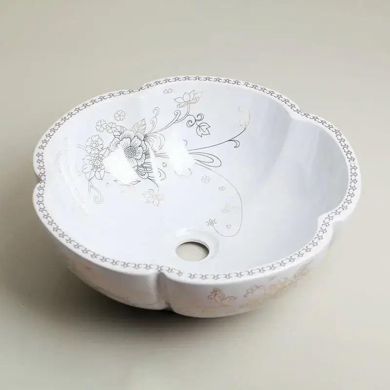 White ceramic hand painted ceramic vessel sink set with scalloped edge and silver gray floral vine patterns for bathroom