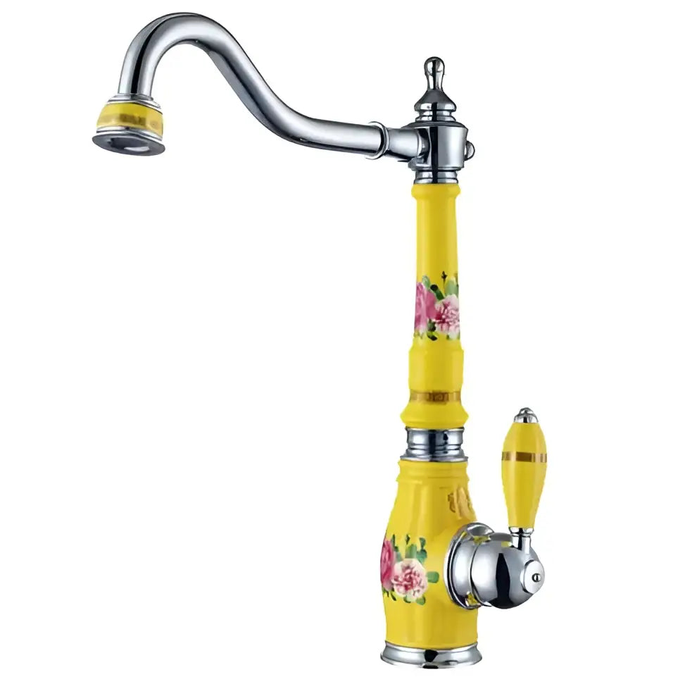 Yellow floral-patterned brass porcelain kitchen faucet with chrome accents and curved spout for decorbites brass porcelain use