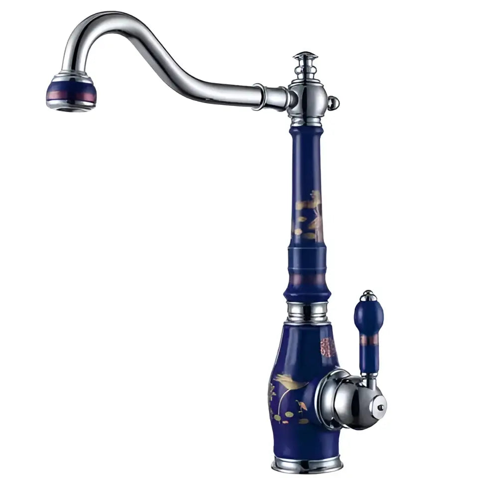 Elegant blue and gold brass porcelain kitchen faucet with chrome swivel mixer featuring bird and floral motifs