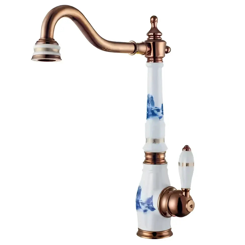 Blue and gold brass porcelain kitchen faucet with chrome swivel mixer featuring white ceramic body and blue floral decorbites brass porcelain accents