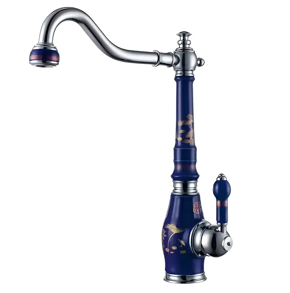 Blue and gold brass porcelain kitchen faucet with chrome swivel mixer featuring gold floral patterns and decorbites brass porcelain design