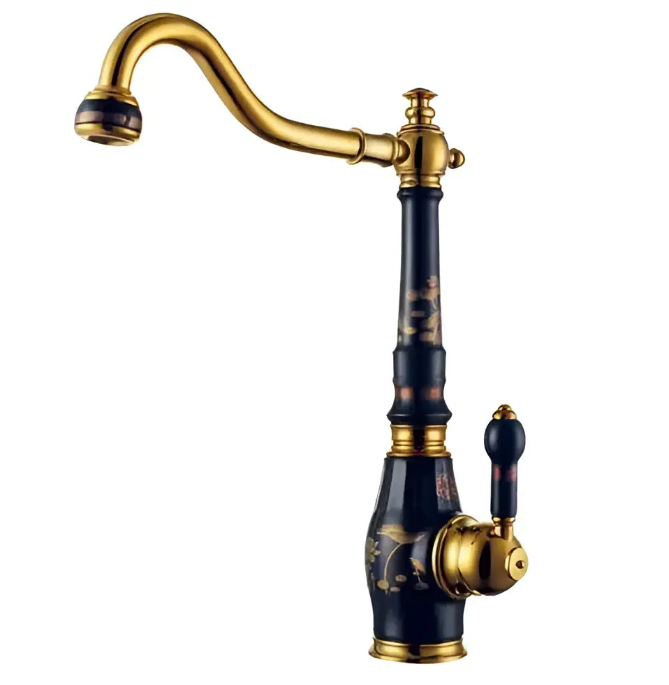 Black and gold ornate brass porcelain kitchen faucet with intricate floral designs for decorbites brass porcelain use