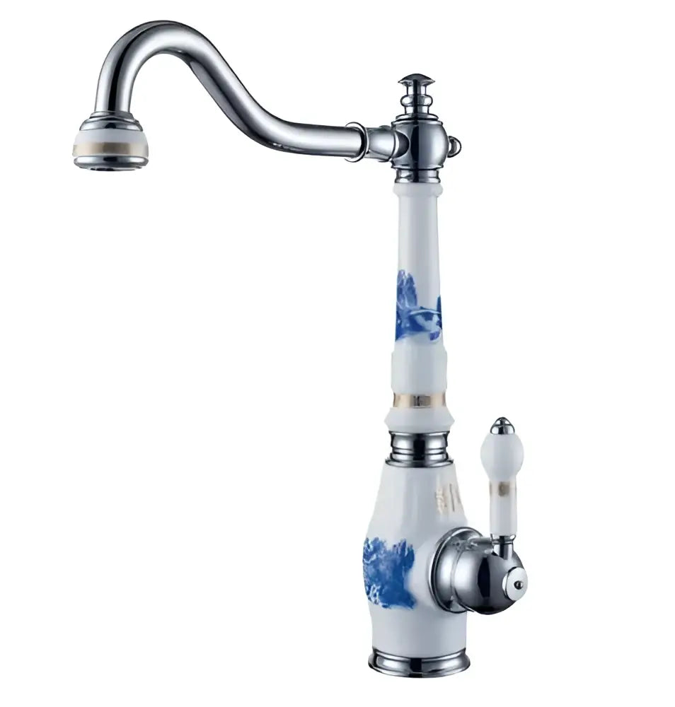 Blue and gold brass porcelain kitchen faucet with chrome swivel mixer featuring curved spout and blue floral decorbites brass porcelain design