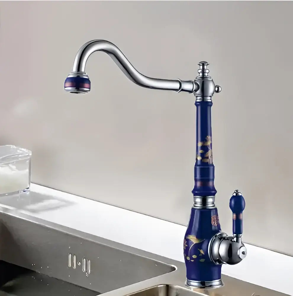 Blue and gold brass porcelain kitchen faucet with chrome swivel mixer featuring floral patterns for decorbites brass porcelain decor