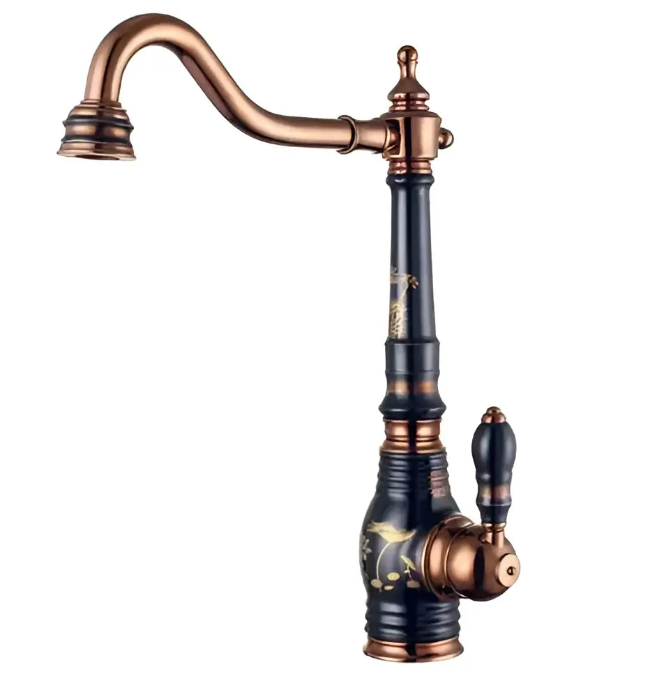 Antique brass and black enamel decorbites brass porcelain kitchen faucet with ornate gold detailing and chrome swivel mixer