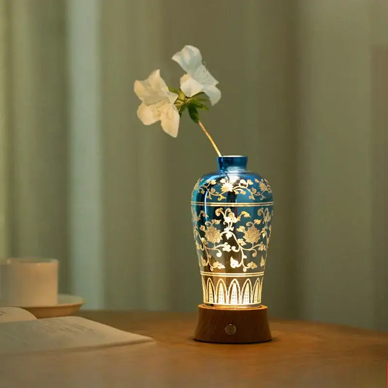 Blue and gold ceramic night light liuguang qingying vase with warm internal illumination for decorbites liuguang qingying