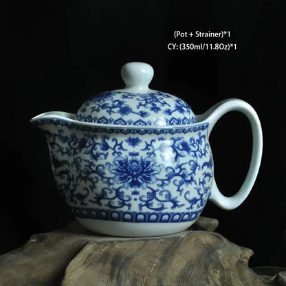 A classic blue and white porcelain dragon teapot tea set with intricate floral patterns for decorbites tea set