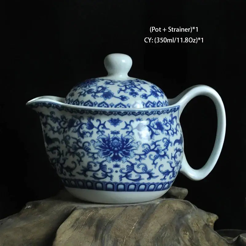 A classic blue and white porcelain dragon teapot tea set with intricate floral patterns for decorbites tea set