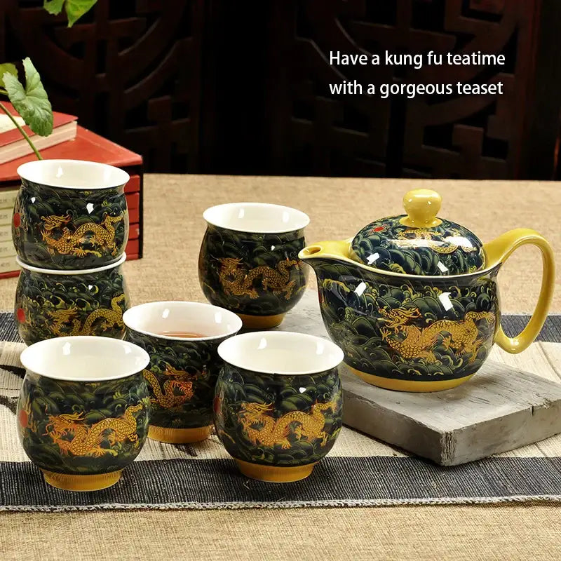 Glossy black ceramic dragon teapot tea set with golden dragon motifs and yellow accents by decorbites for dining room decor