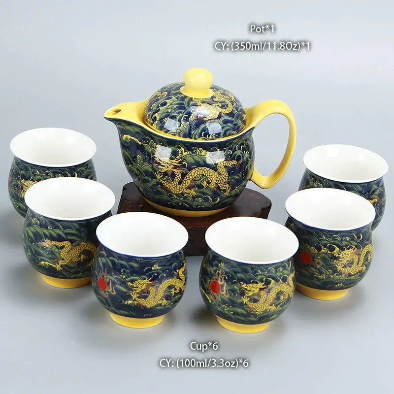 Dark blue ceramic tea set with golden dragon motifs and yellow accents by decorbites dragon teapot for elegant teaware use