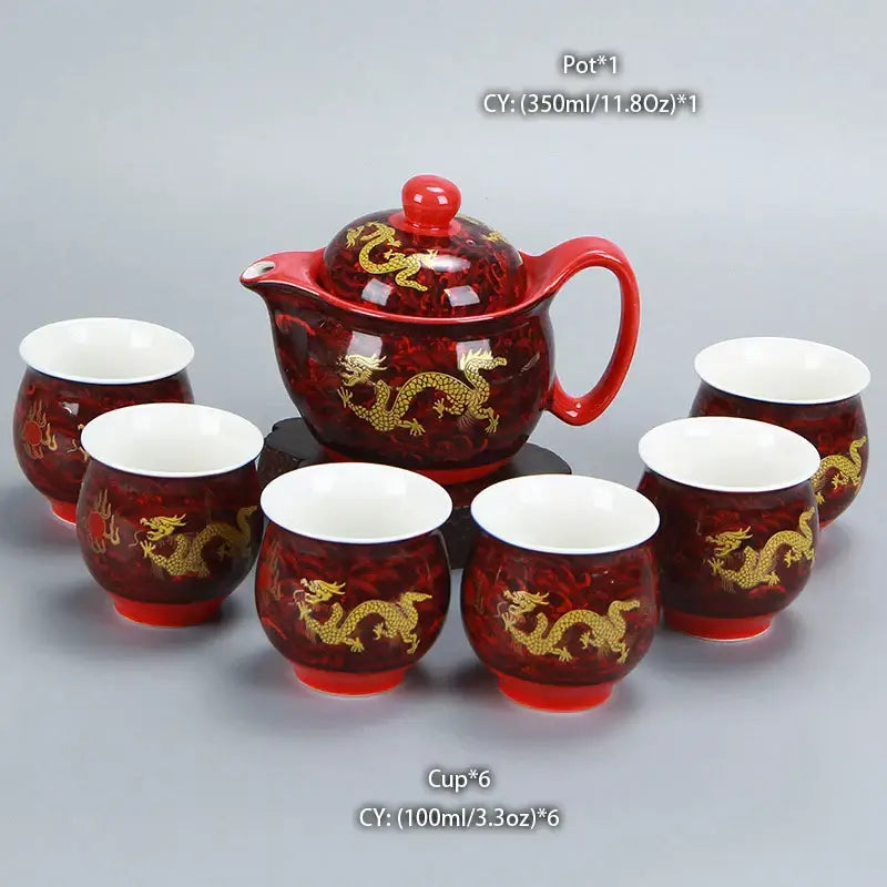 Red ceramic tea set with gold dragon motifs and matching lid for decorbites dragon teapot tea use