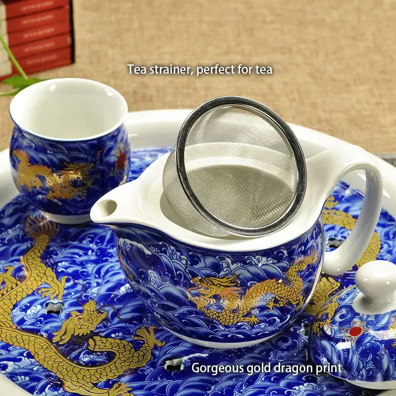 Blue and gold dragon teapot ceramic tea set with metal strainer decorbites dragon teapot for tea brewing and decor