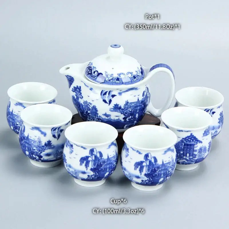 Blue and white porcelain tea set with intricate landscape designs in decorbites dragon teapot tea collection