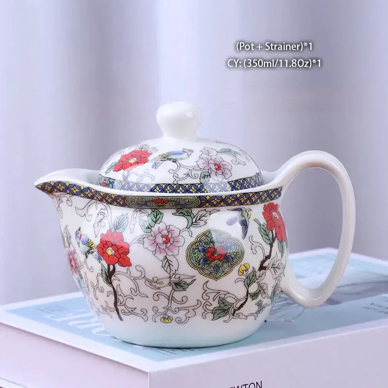 A white ceramic decorbites dragon teapot with red floral patterns and lid for dragon teapot tea set decor and use