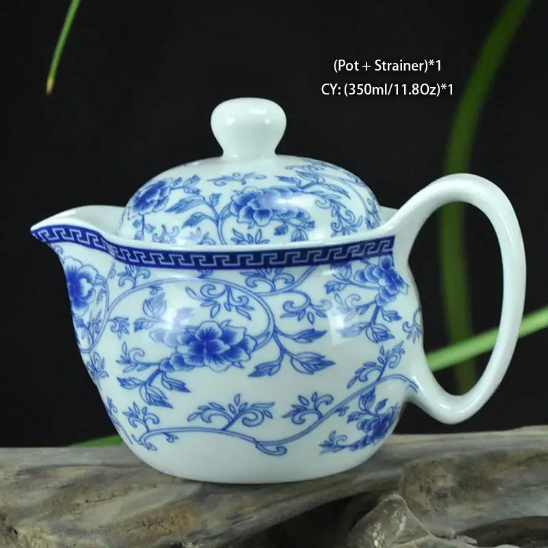 White ceramic decorbites dragon teapot with blue floral vine pattern and matching lid in dragon teapot tea set