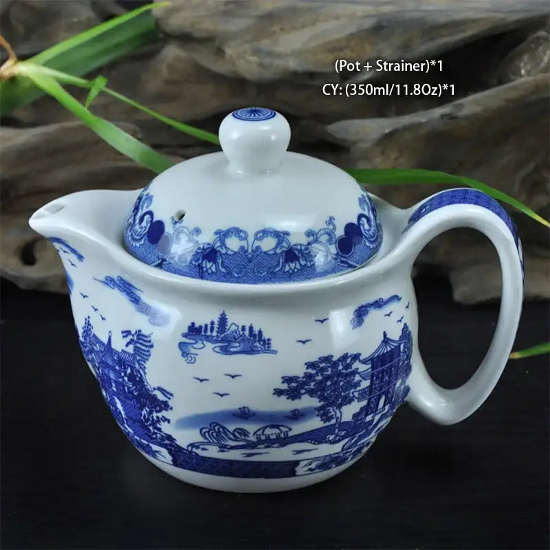 A white ceramic decorbites dragon teapot tea set featuring blue and white traditional landscape design patterns