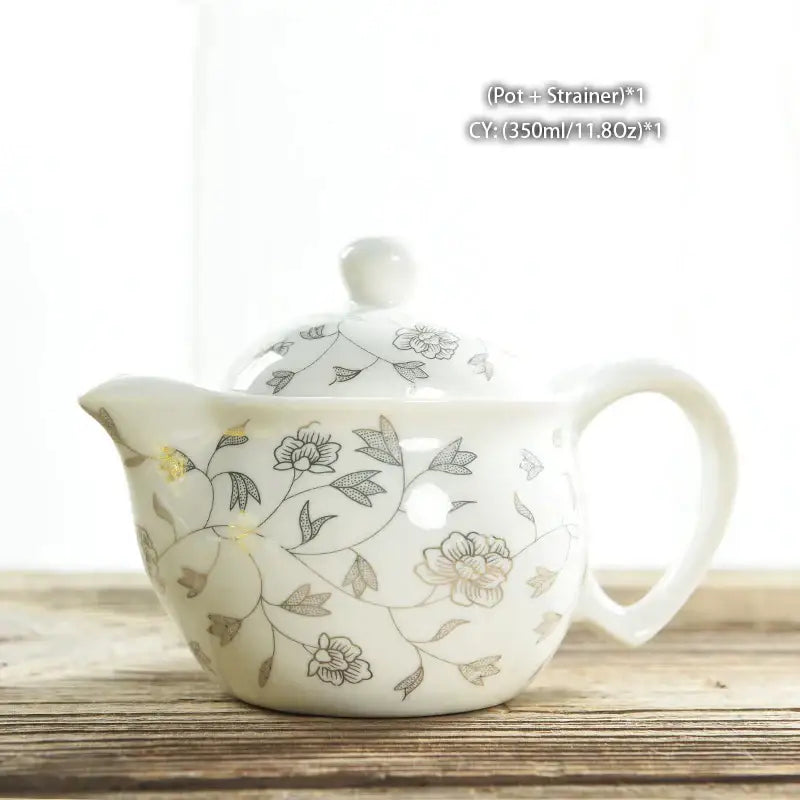 White ceramic decorbites dragon teapot with gray floral patterns and matching lid in blue and gold dragon tea set