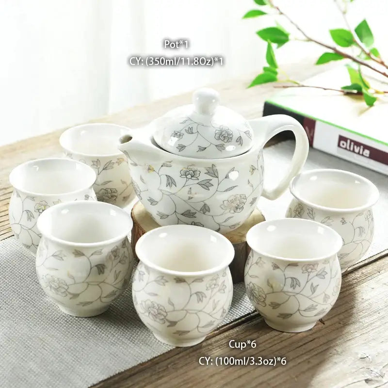 White ceramic tea set with delicate gray floral patterns featuring a decorbites dragon teapot tea for dining use