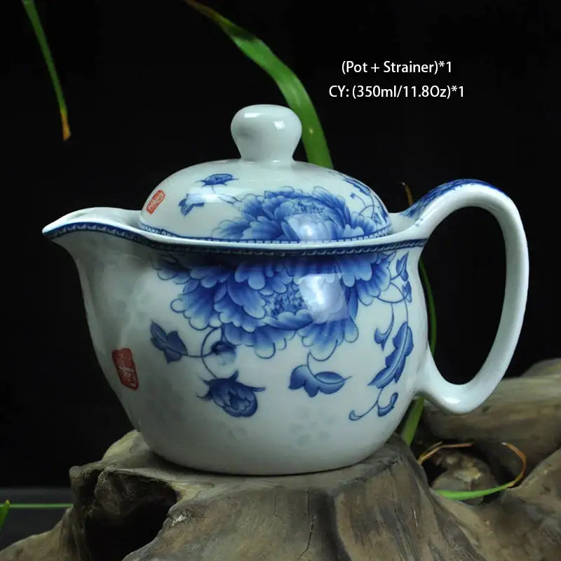 A white ceramic blue and gold dragon teapot tea set with intricate blue floral patterns showcasing traditional chinese craftsmanship