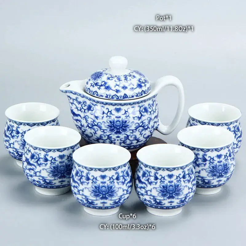 Blue and white porcelain tea set with intricate floral patterns featured in decorbites dragon teapot tea collection