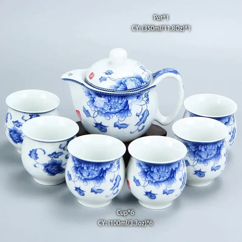 Blue and white porcelain tea set with intricate floral patterns from decorbites dragon teapot tea collection